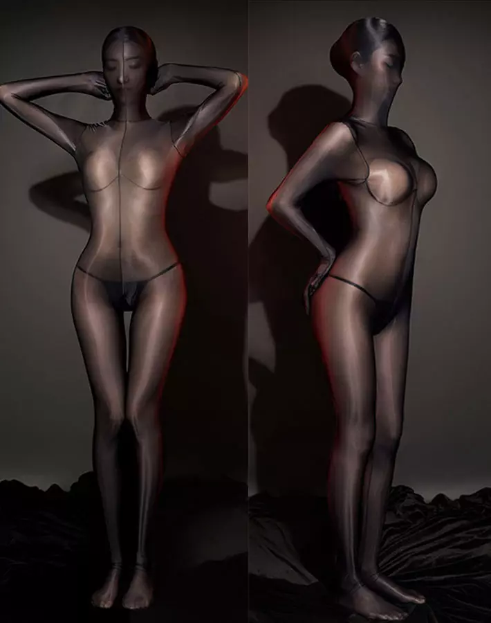 Encasement Ganzkörperstrumpfhose Bodysuit, schwarz, zwei Perspektiven